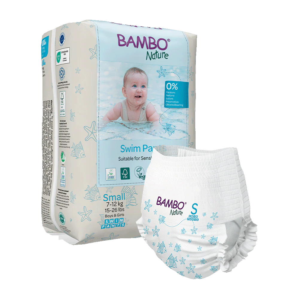 Bambo Nature Swim Scutece chilotel pentru baie, Ecolabel, Marimea S, 7-12 kg, 12 bucati