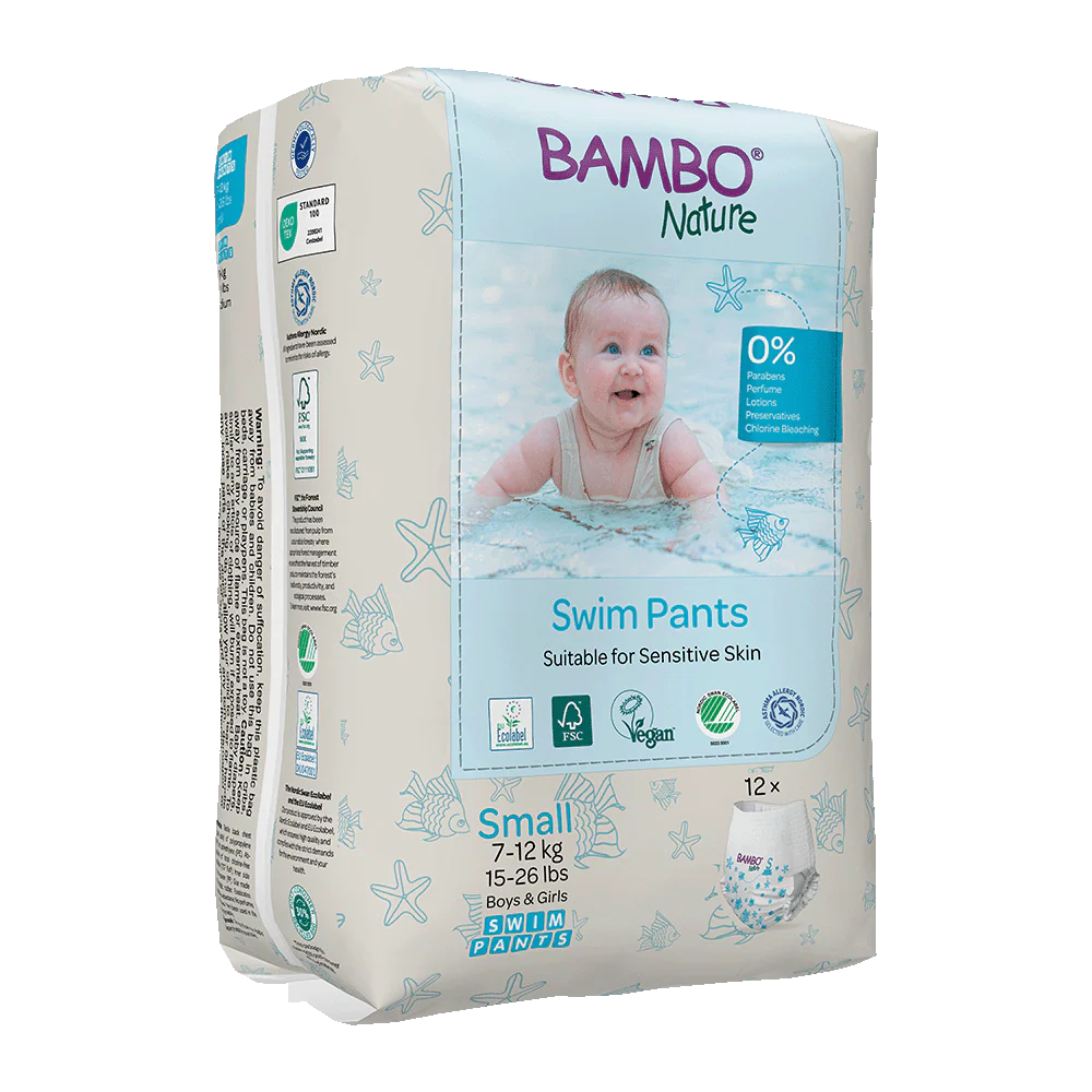 Bambo Nature Swim Scutece chilotel pentru baie, Ecolabel, Marimea S, 7-12 kg, 12 bucati